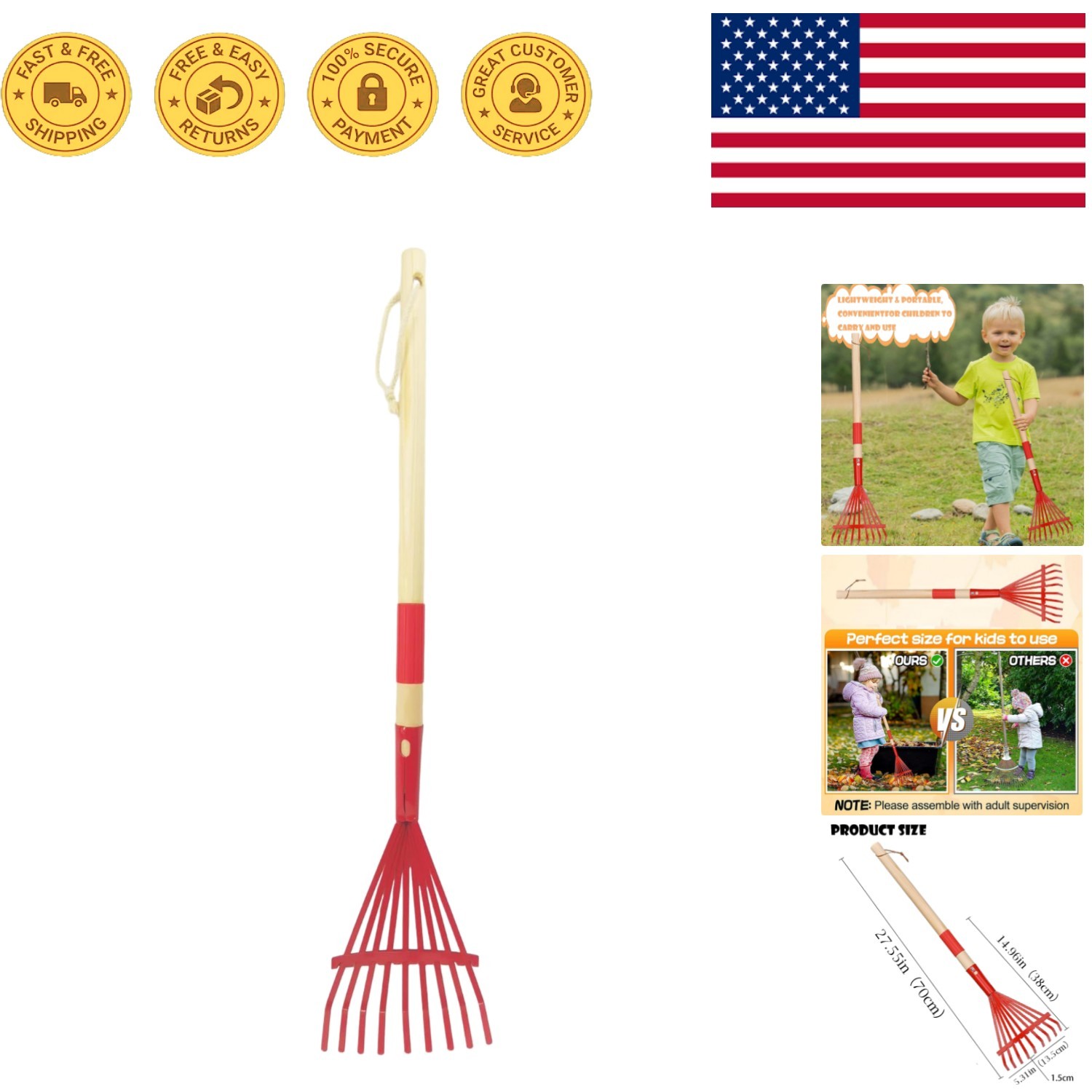 Lightweight Small Leaf Rake for Kids - Perfect 27” Gardening Tool in Red