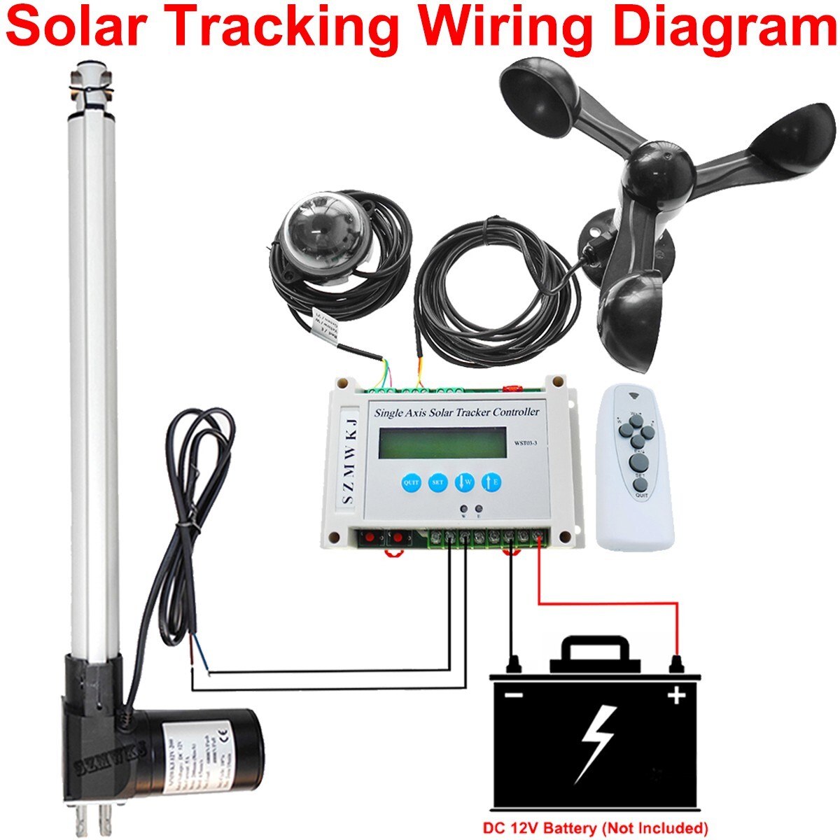 6000N Single Axis Solar Tracker Controller W/ 18" Linear Actuator Anemometer Kit