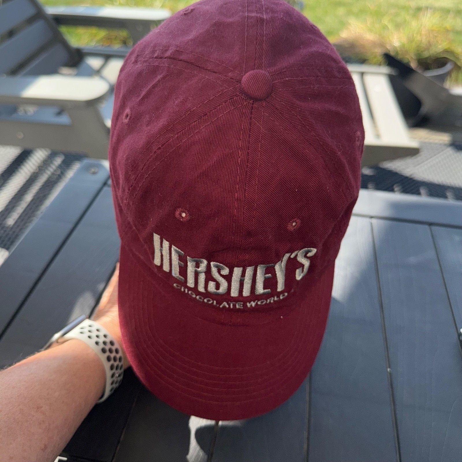 Hersheys chocolate World in Gray on Maroon Hat Cap Cotton Strap buckle EUC