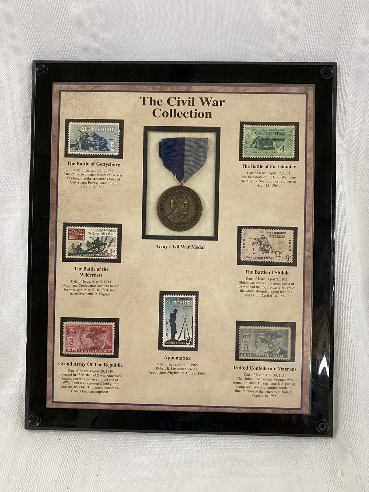 1996 AMERICAN HISTORIC SOCIETY CIVIL WAR MEDAL (REPRO) & STAMPS WALL DISPLAY NOS