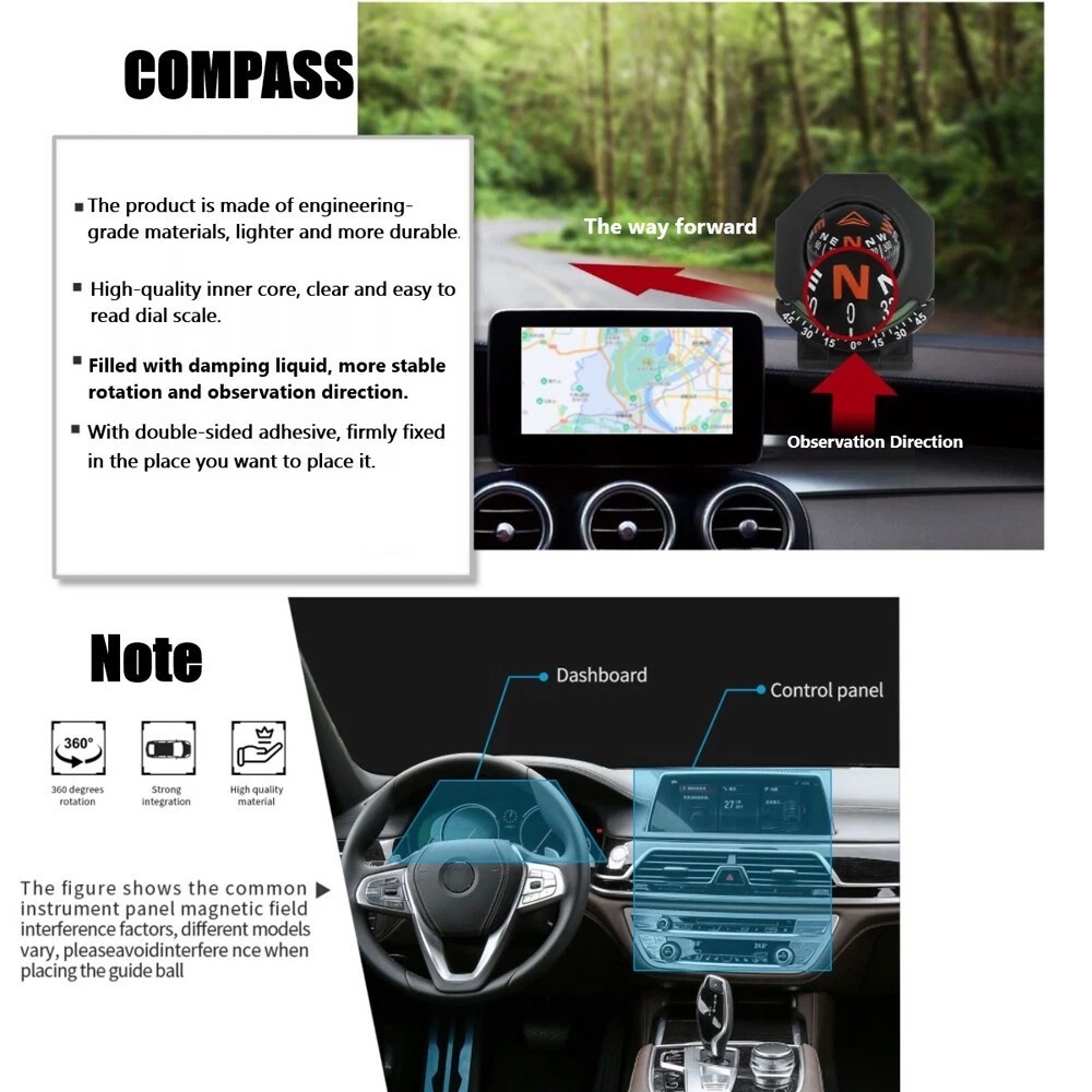 Adjustable Night Car Compass, Car Dashboard Compass Ball with Slope Meter