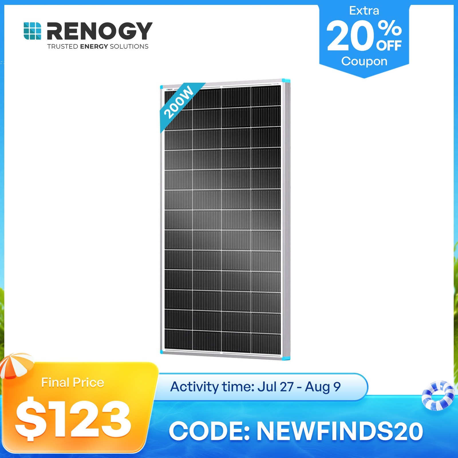 Renogy Solar Panel 200W 16BB 25% High-Efficiency Monocrystalline Off-gird