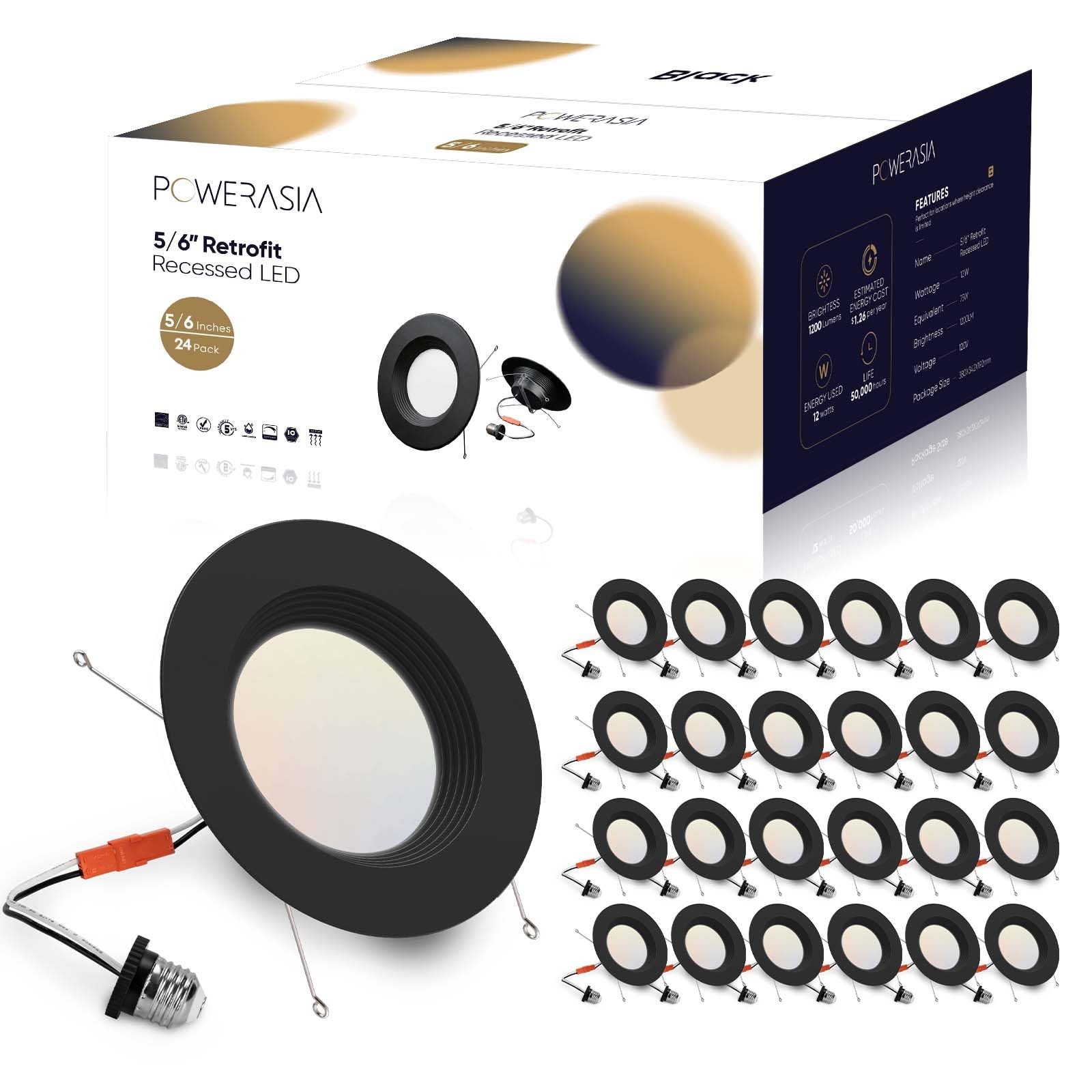POWERASIA 24 Pack 5/6 Inch 5CCT Retrofit LED Metal 24PACK-6IN, 5CCT-BK