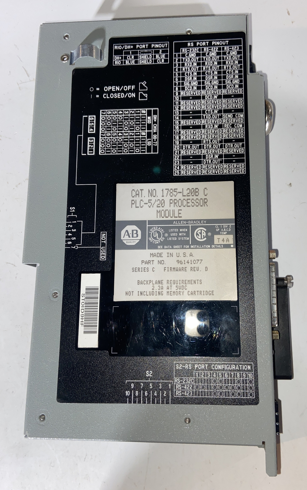 ALLEN BRADLEY 1785-L20B PLC-5/20 PROCESSOR MODULE Part no 96141077 USA made