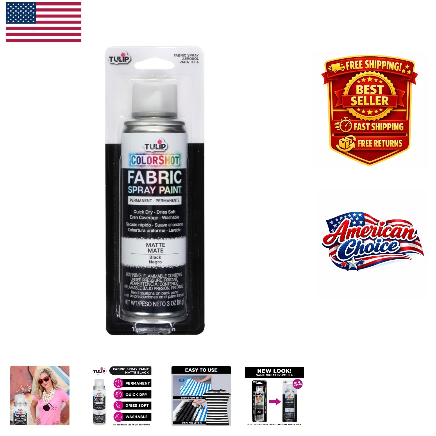 ColorShot Matte Black Fabric Paint Spray 3oz - Washable, Waterproof, Durable