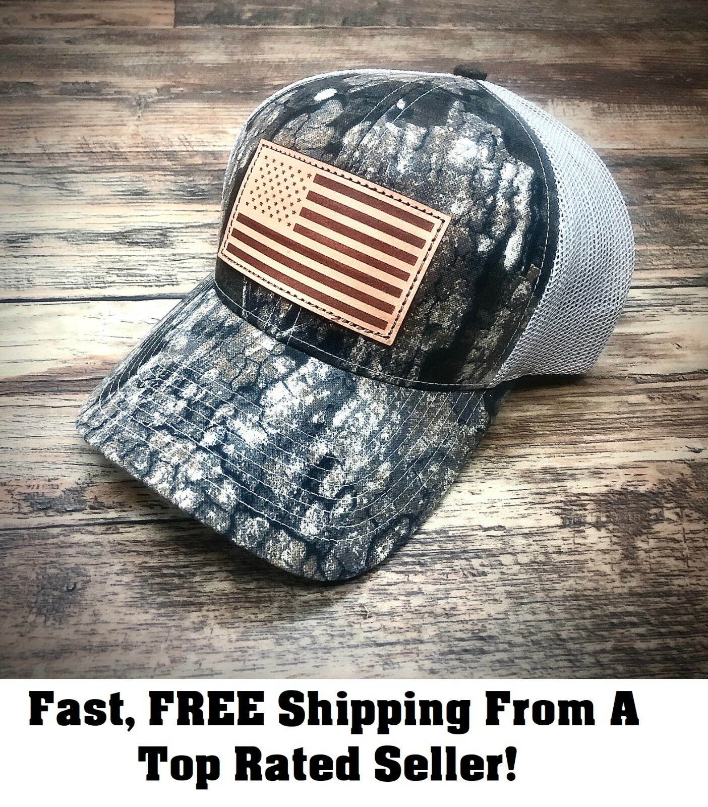 Realtree Timber Camo Meshback Deer Hunting Hat/Cap w Leather American Flag Patch