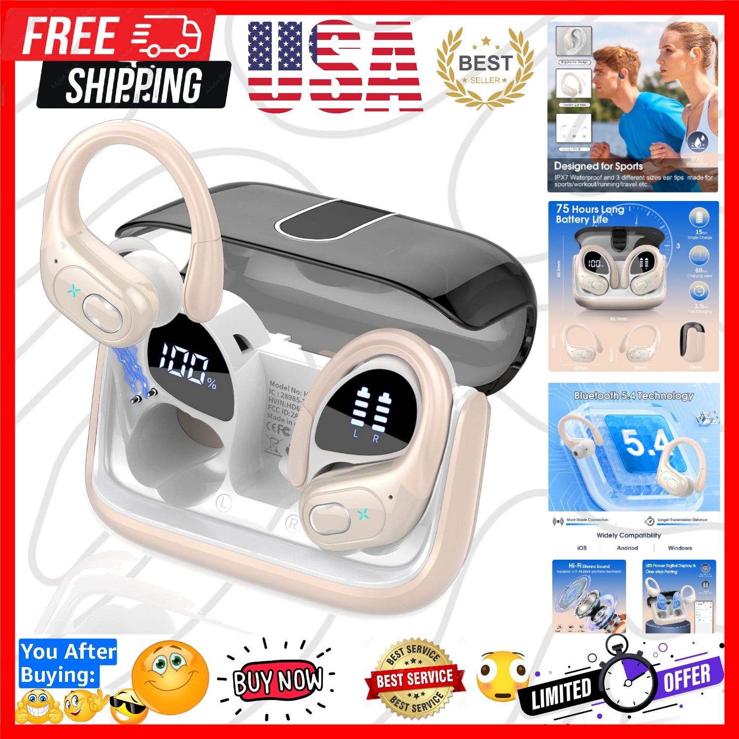 Wireless Earbuds 75hrs Bluetooth 5.4 Headphone Sport, 2026 Bluetooth Earbuds ...