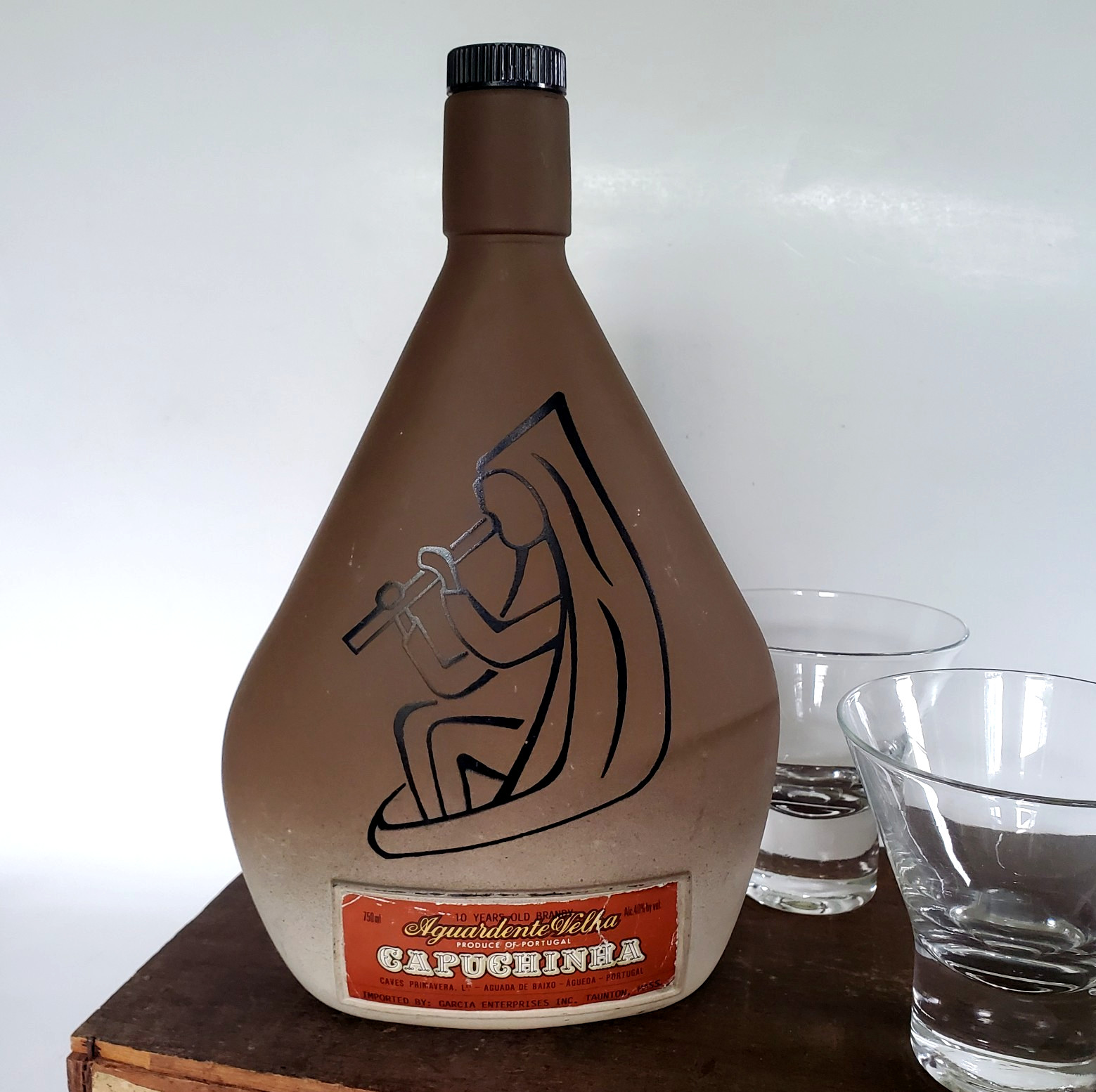 70s Capuchinha Aguardente Velha Brandy Bottle Spirits Decanter Bar Decor EMPTY