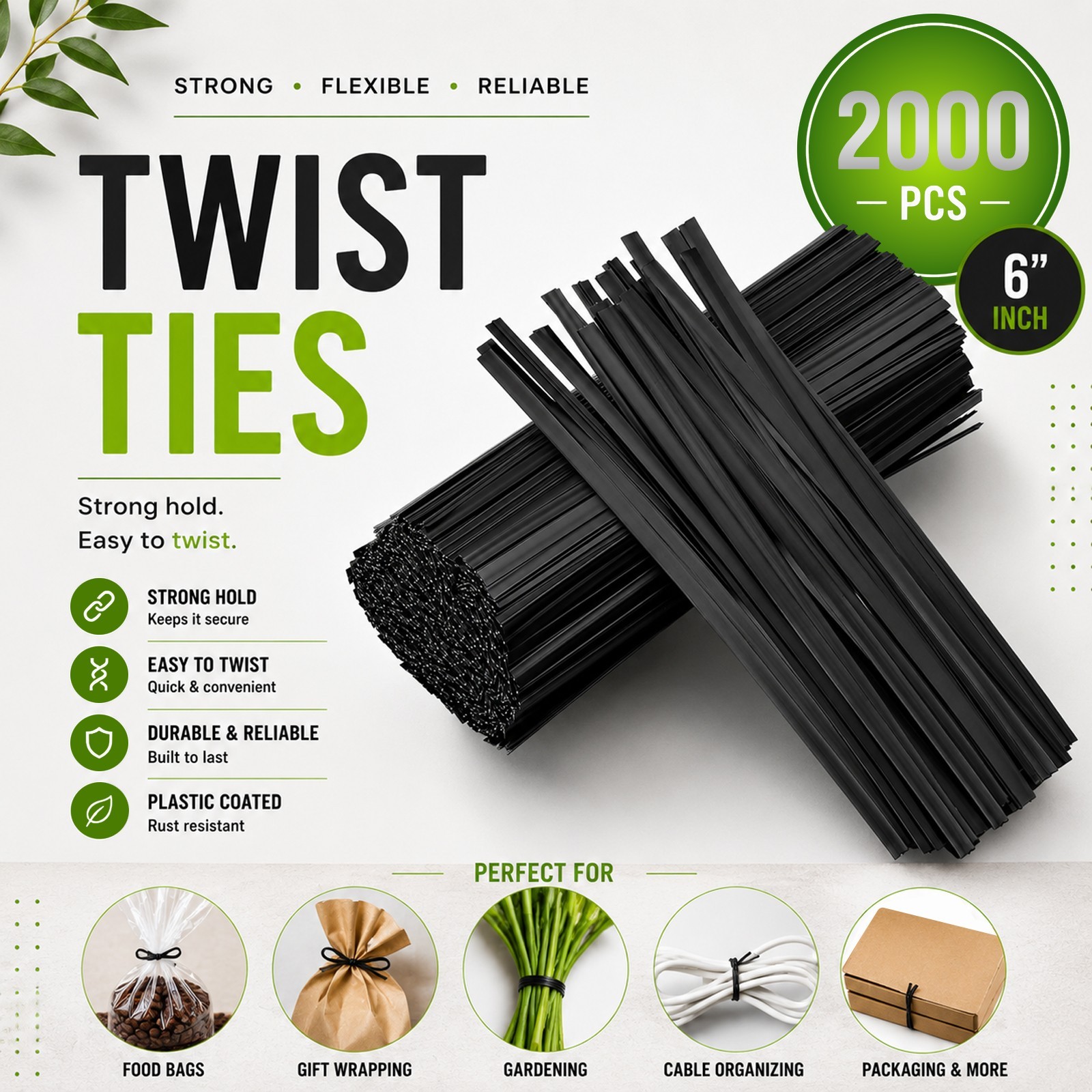 NEW💛Plastic Twist Ties💛2000pcs 6-Inch Heavy Duty Plastic w/Metal Core