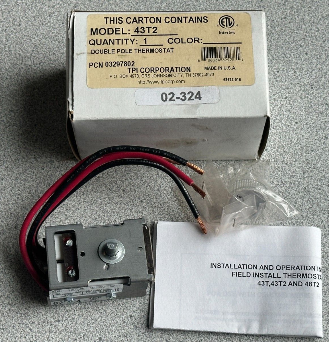 NEW TPI Double Pole Thermostat Kit Model 43T2 / PCN 03297802