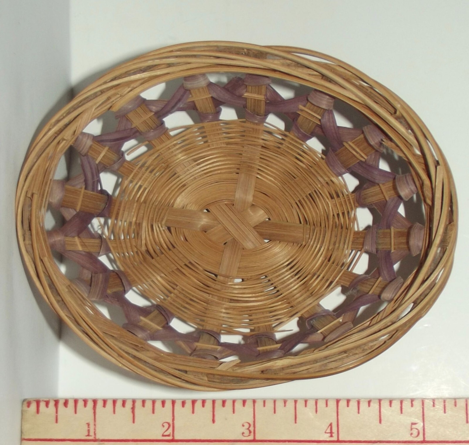Basket small 5.5" oval woven tiny open trinket brown purple