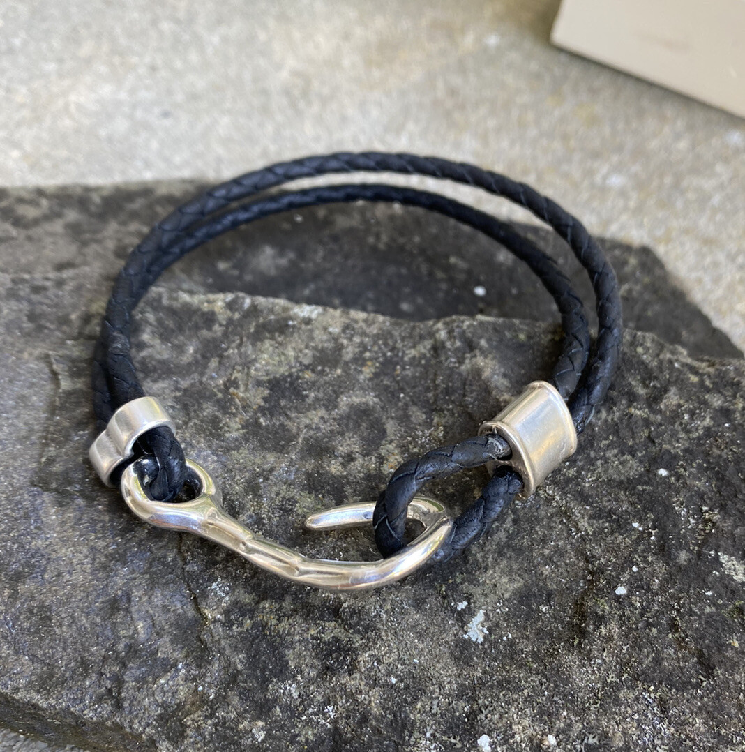 Black Breaded Leather Sterling Silver Hook Bracelets