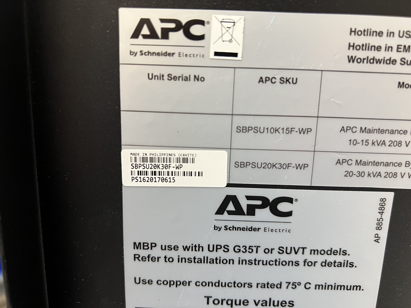 APC SBPSU20K30F-WP Maintenance Bypass Panel 20-30kVA 208V Wallmount
