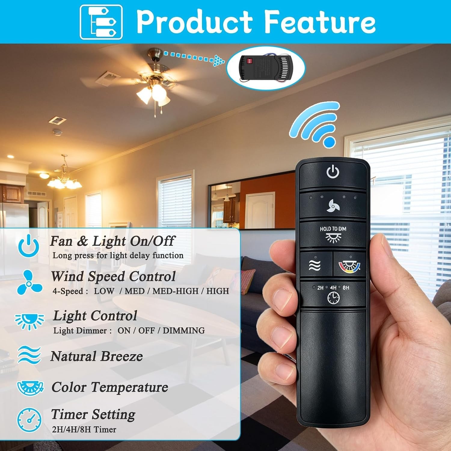 Universal Ceiling Fan Remote Kit 4 Speed Dimmer Timer Wall Mount Light Delay