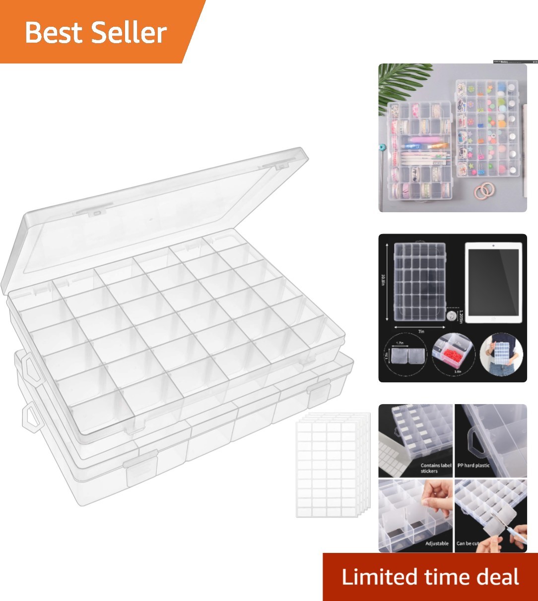 2 Pack Clear Plastic Bead Organizer Box with 36 Grids & Adjustable Dividers