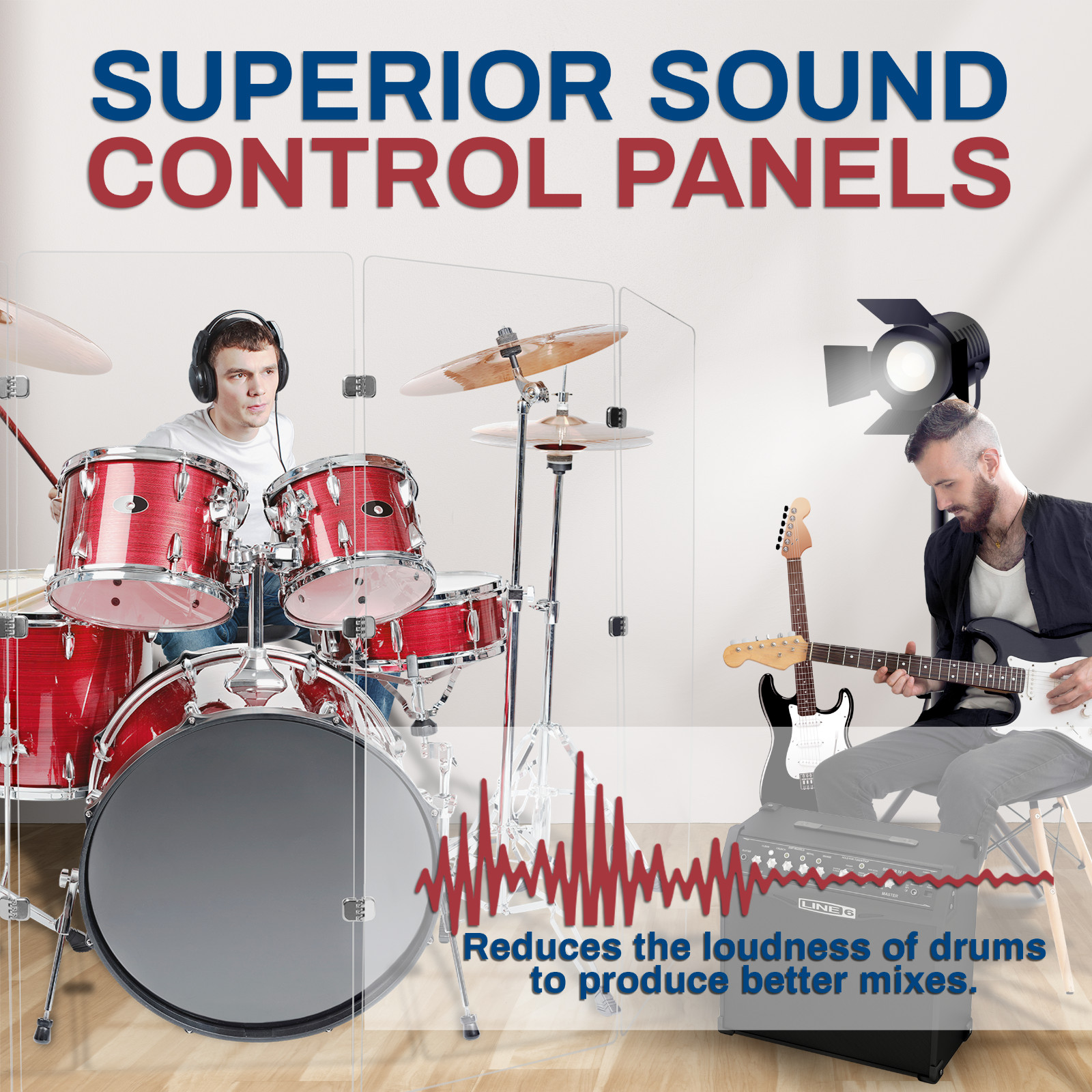 Drum Shield Premium Acrylic Drum Screen - 5 Panels 2ft x 5ft with Chrome Hinges