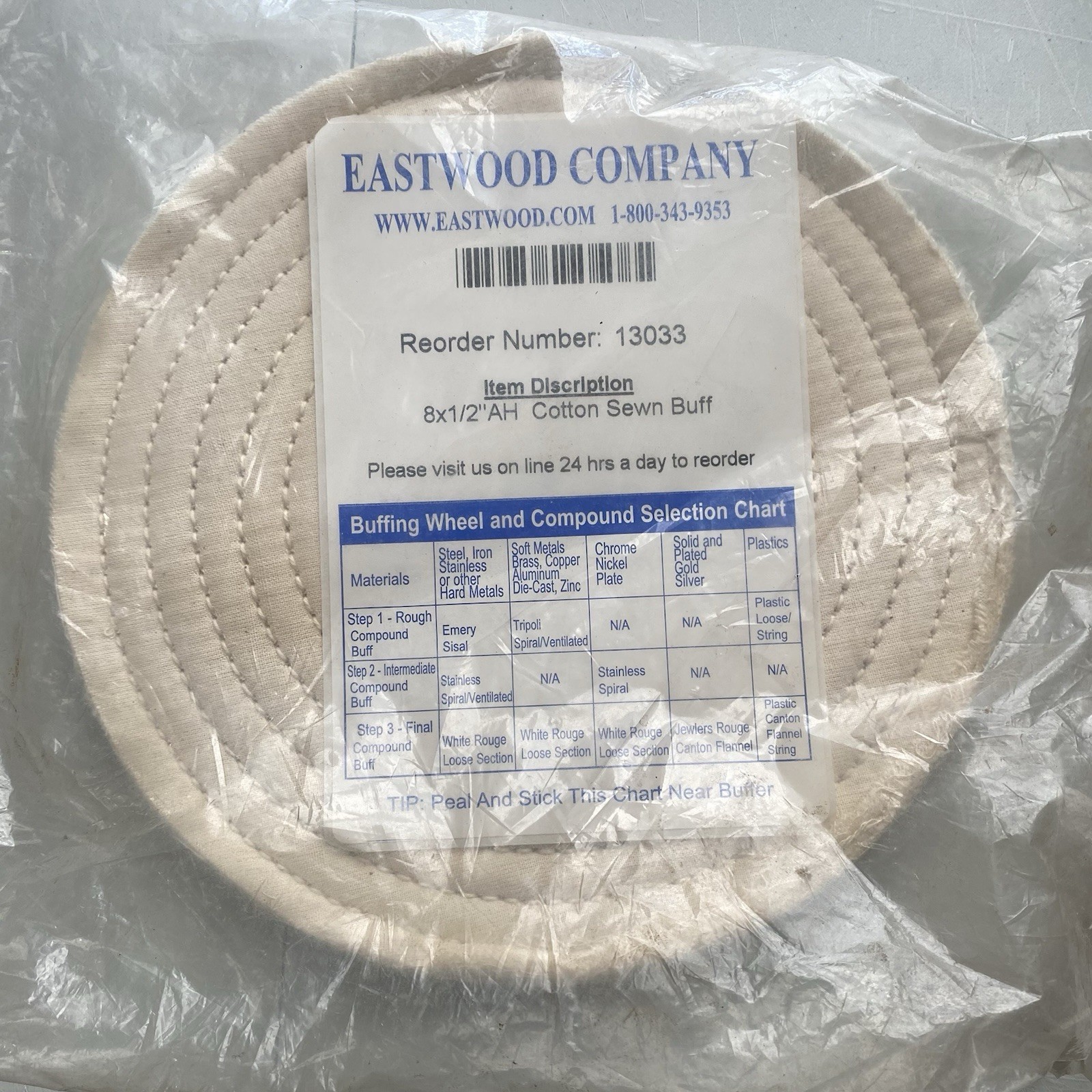 EASTWOOD Polishing Buff Wheel 8 in. Spiral Cotton Treated Stainless Compound NEW