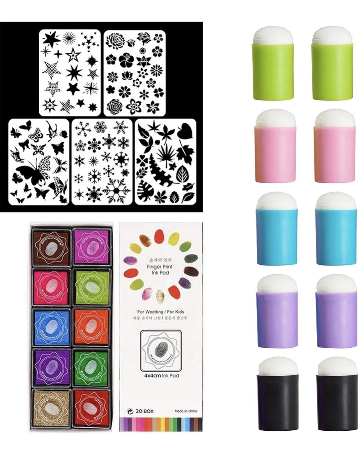 Finger Painting Kit 20 Ink Pads 5 Stencils 10 Sponge Daubers Craft Set