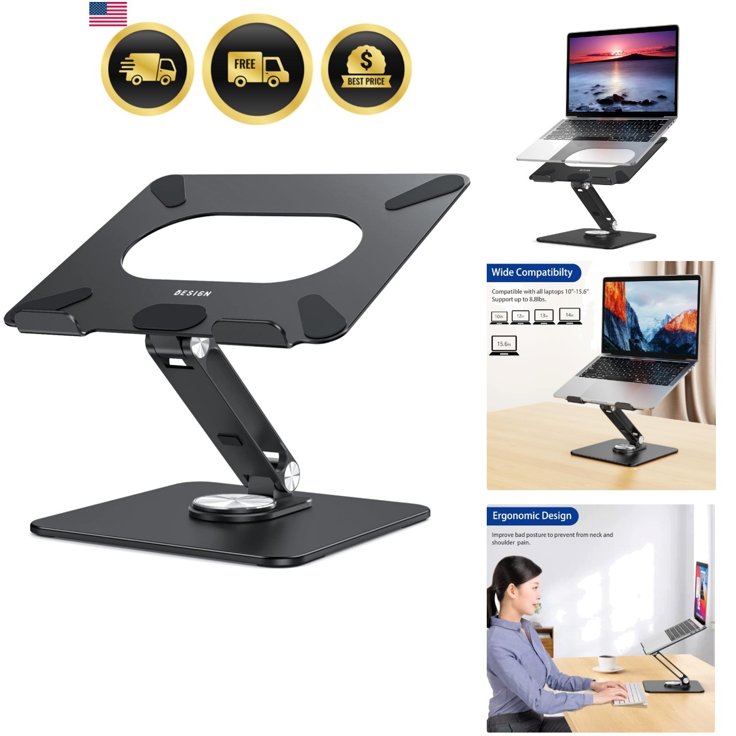 Laptop Stand with 360 Rotating Base, Ergonomic Adjustable Notebook Riser, Fol...