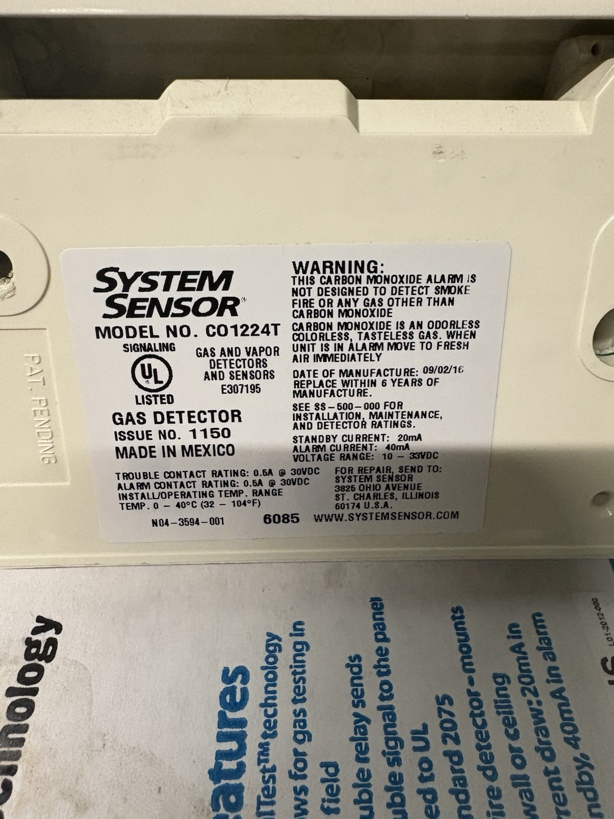 System Sensor CO1224T With Real Test Technology
