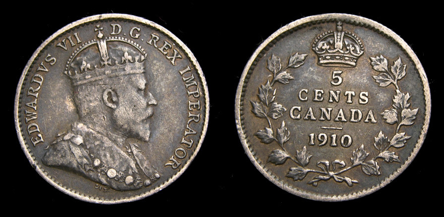 Canada 1910 5 Cents King Edward VII Toned VF+