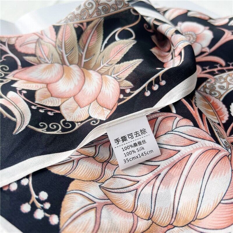 Flower Print Mulberry Silk Crepe Shawl Neckerchief Oblong Scarf Black/Pink