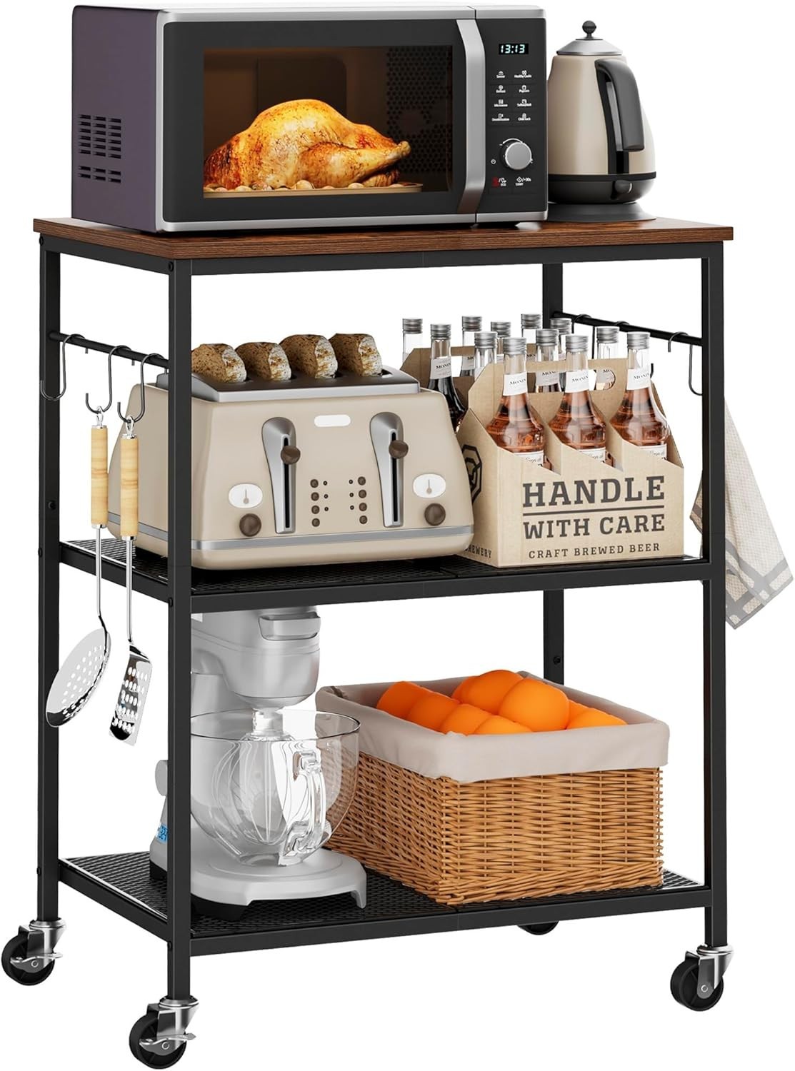 3-Tier Rolling Kitchen Microwave Cart Kitchen Utility Cart on Lockable Wheels
