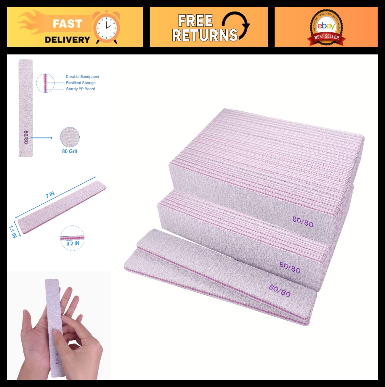 80/80 Grit Nail Files - Double Sided Emery Boards for Acrylic & Gel Nails, 50 Pc
