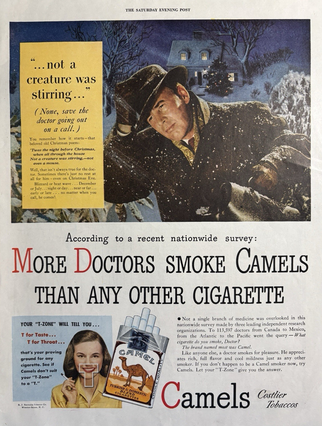 1946 Camel Cigarettes Doctors Smoke House Call Snow Winter Tobacco VTG Print Ad