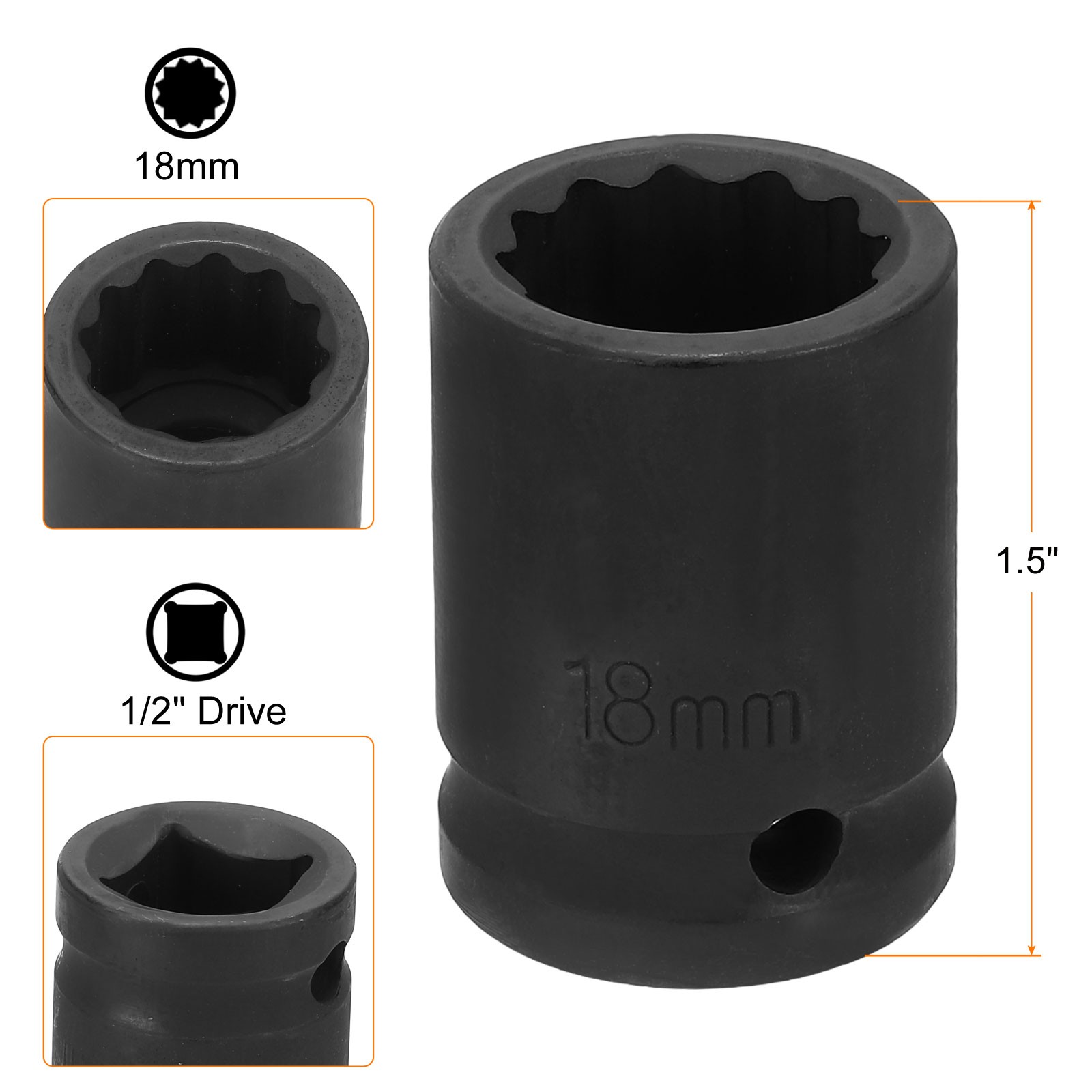 12 Point Impact Socket 1/2 Inch Drive 18mm Metric Cr-V Shallow Impact Socket