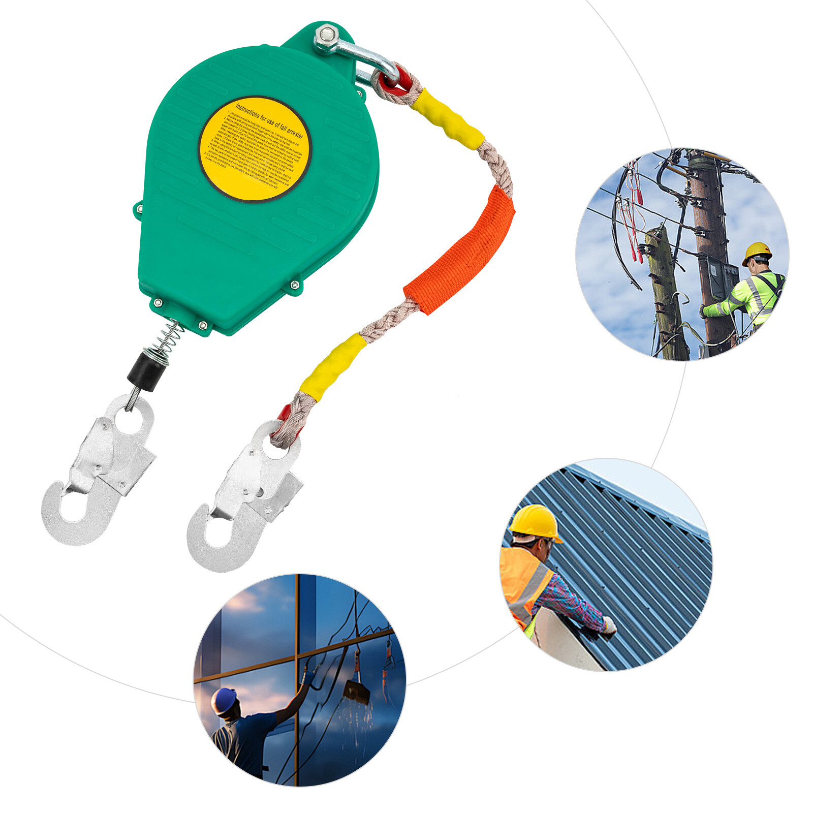 15M Self Retracting Lifeline Lanyard Fall Arrester Fall Protection w/ Hook Green
