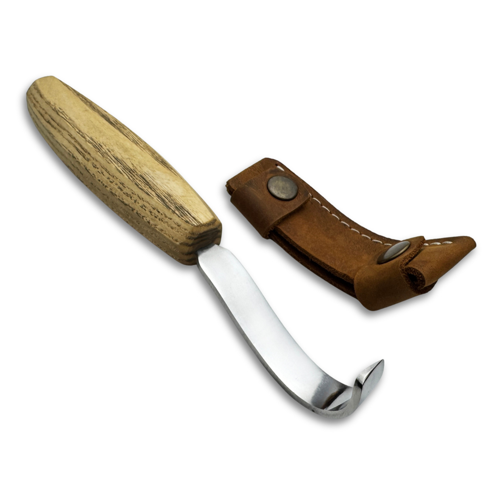 Spoon Hook Knife – Hand-Forged, Carbon Steel, Ash Handle, With Sheath, Gift Tool