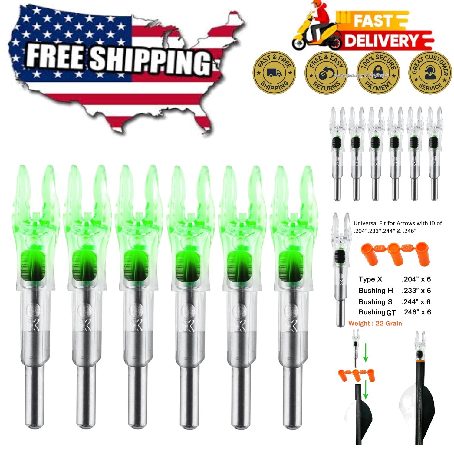 6PCS Versatile LED Arrow Nocks with Easy Switch - Compatible with Multiple Sizes