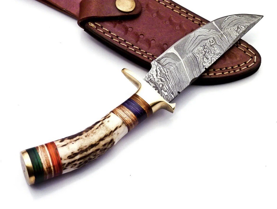 Stag Antler Knives Damascus Skinning Knife Deer Horn Handle Guard Hunting Knife