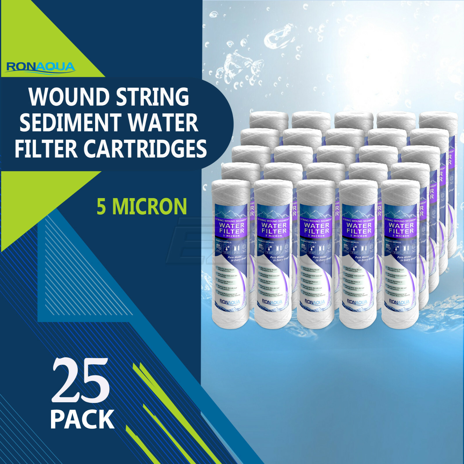 Wound String Sediment 5 Micron Water Filter Cartridge 2.5" x 10" 25 Pack