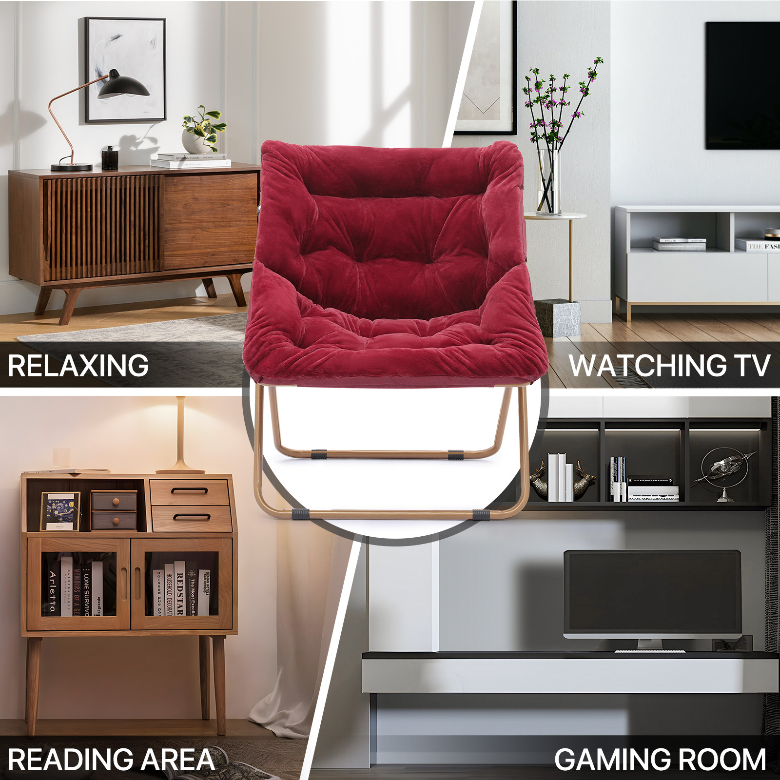 Red 2 Pcs Folding Faux Fur Saucer Cozy Chair Oversized Upholstery Seat w/Ottoman