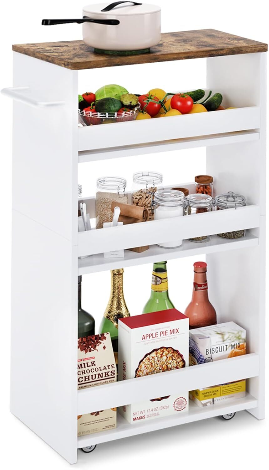 TEAMIX 4 Tier White Slim Storage Cart with Handle, 7.9''W 7-7/8'' W,