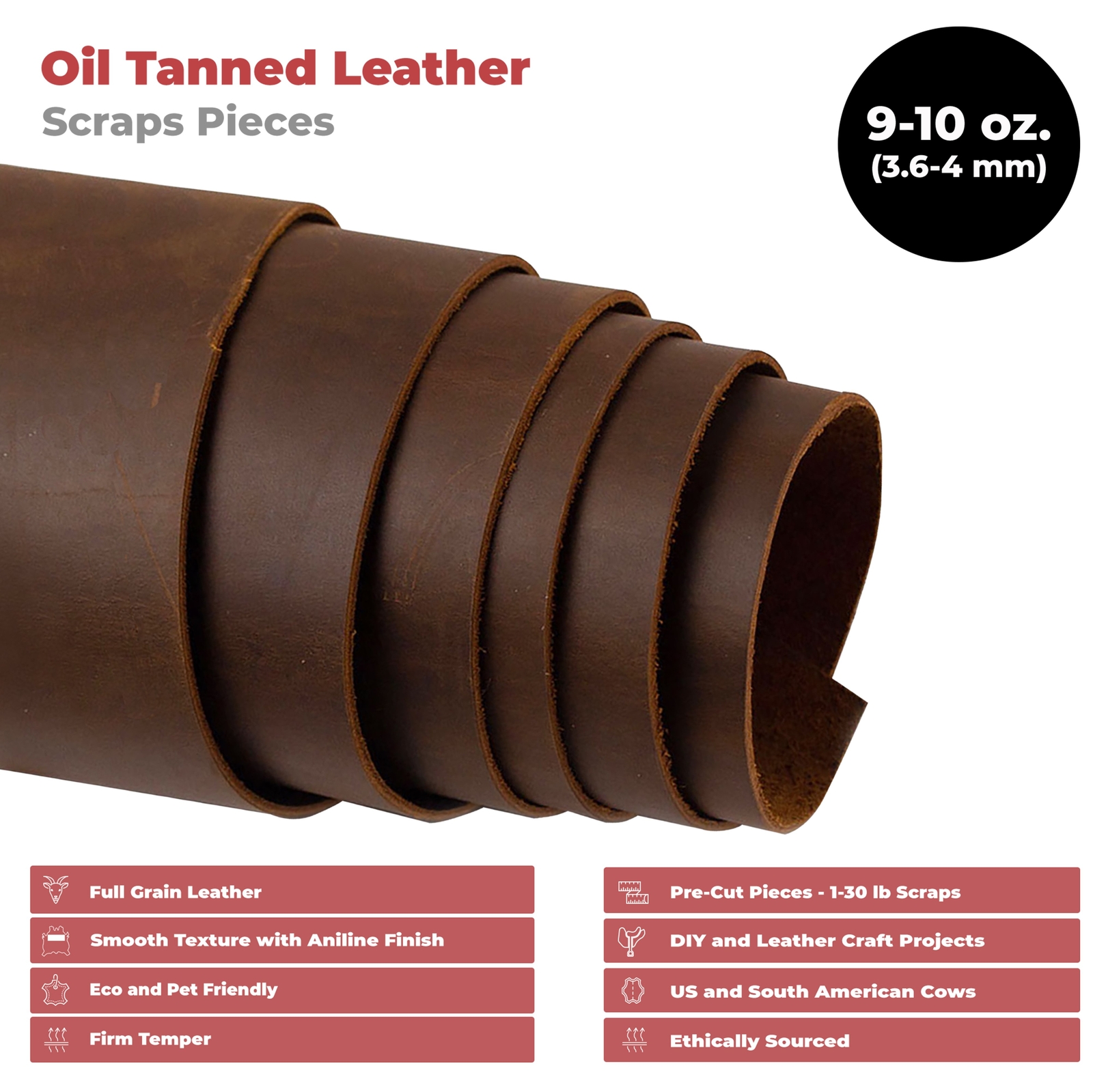 European Leather Work 9-10 oz. (3.6-4mm) Oil-Tanned Leather Scraps Bourbon Brown