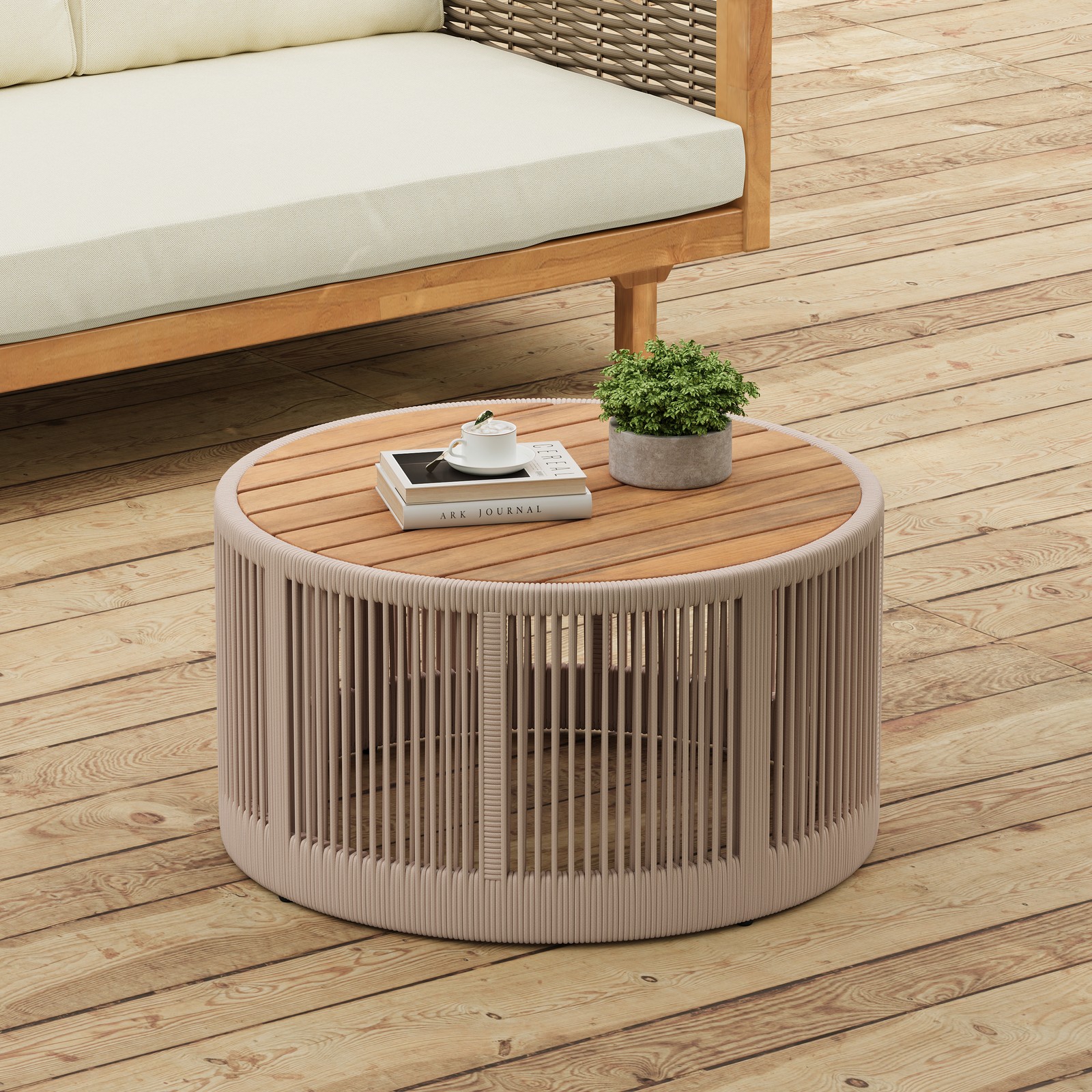 Outdoor Rattan Rope & Acacia Wood Coffee Table 26" Round 14.25" H