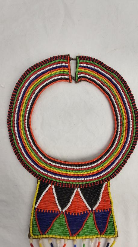 Maasai Tribal Beaded Leather Bib Collar Necklace - 8 1/4 x 5 1/4 in, Vintage