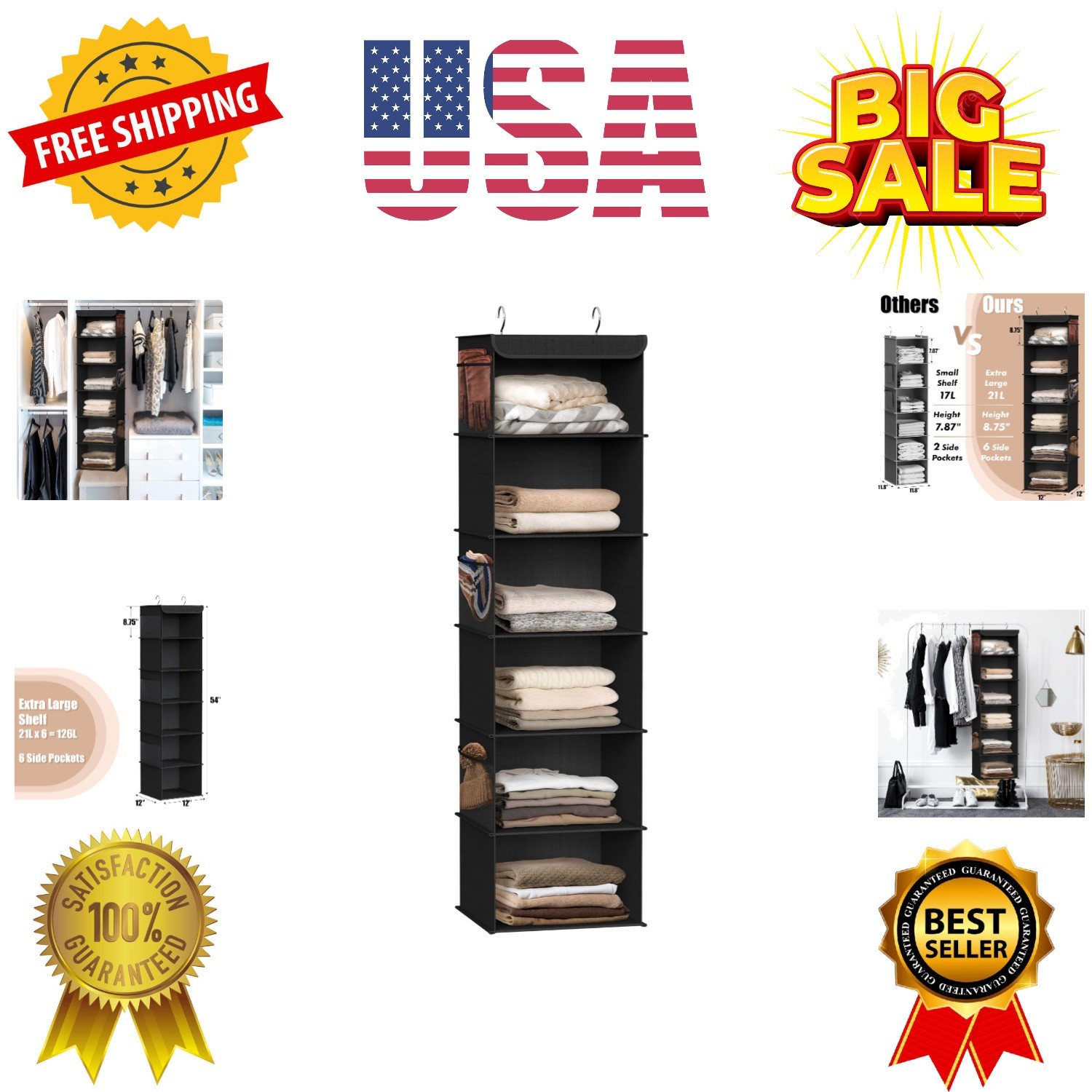 6 Shelf Hanging Closet Organizer, Black