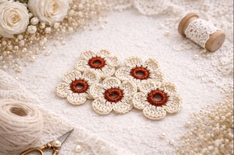 5 Small Crocheted Flowers, Sewing Appliques, Junk Journaling, Ephemera