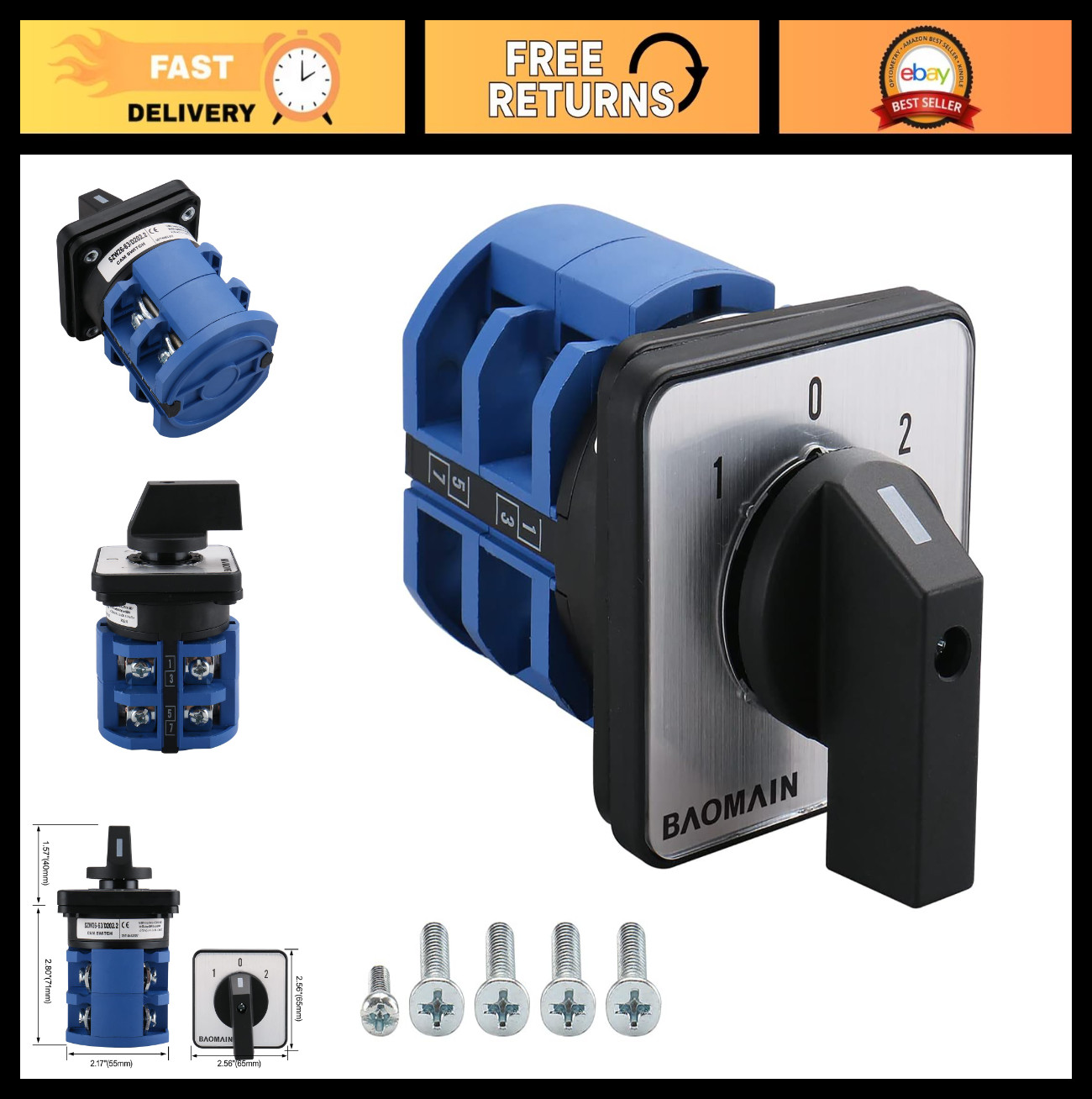 63A Rotary Changeover Switch 660V 3-Position 2-Phase Cam Switch for Motor Contro