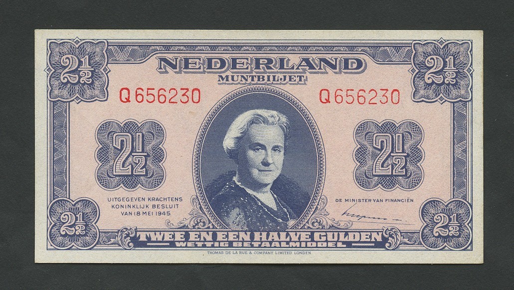 NETHERLANDS  2 1/2 gulden  1945  Krause 71  Uncirculated less World Paper Money