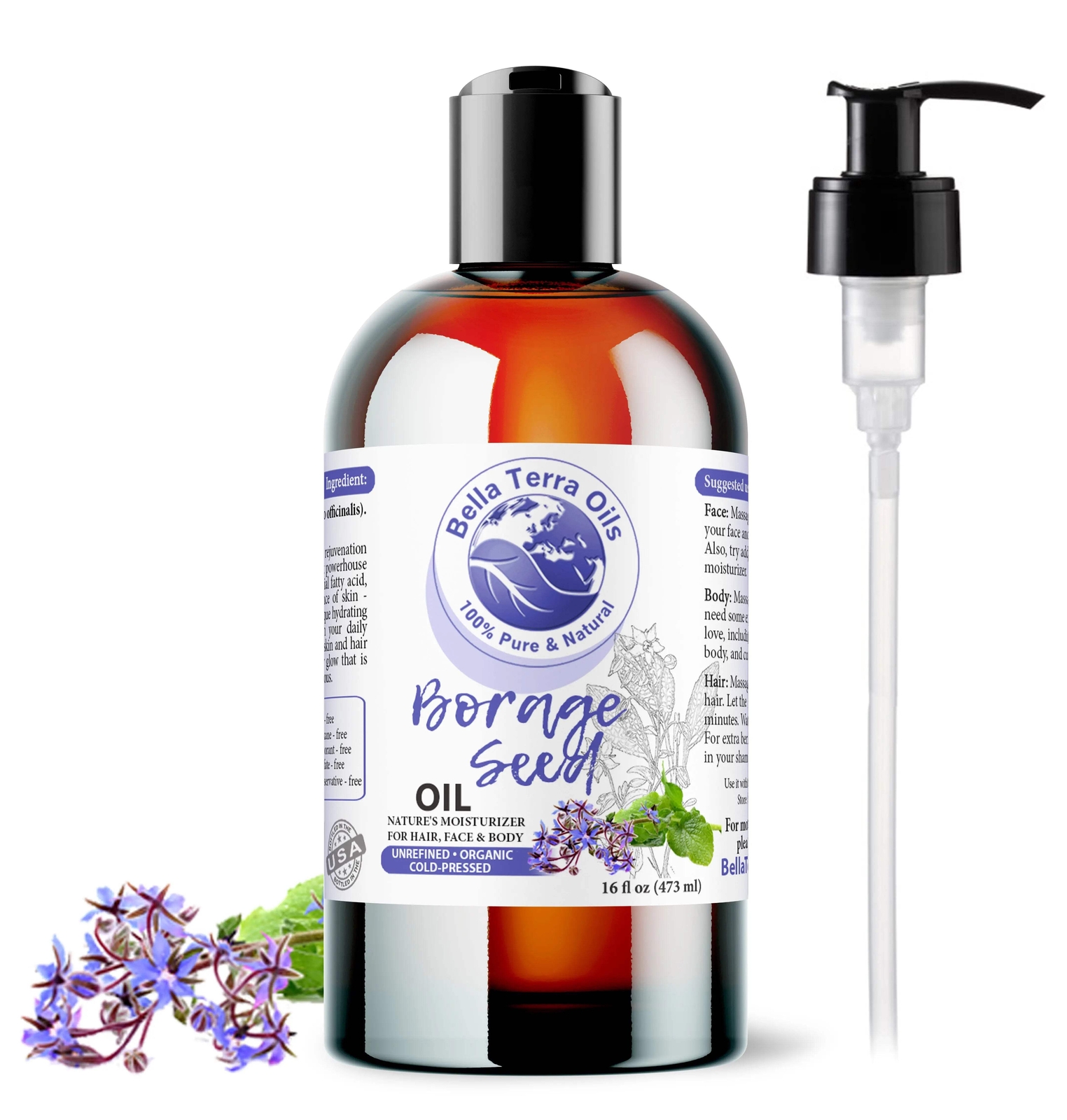 Organic Borage Seed Oil - 16oz | Premium Grade, Cold-Pressed Oil for Skin, Hair