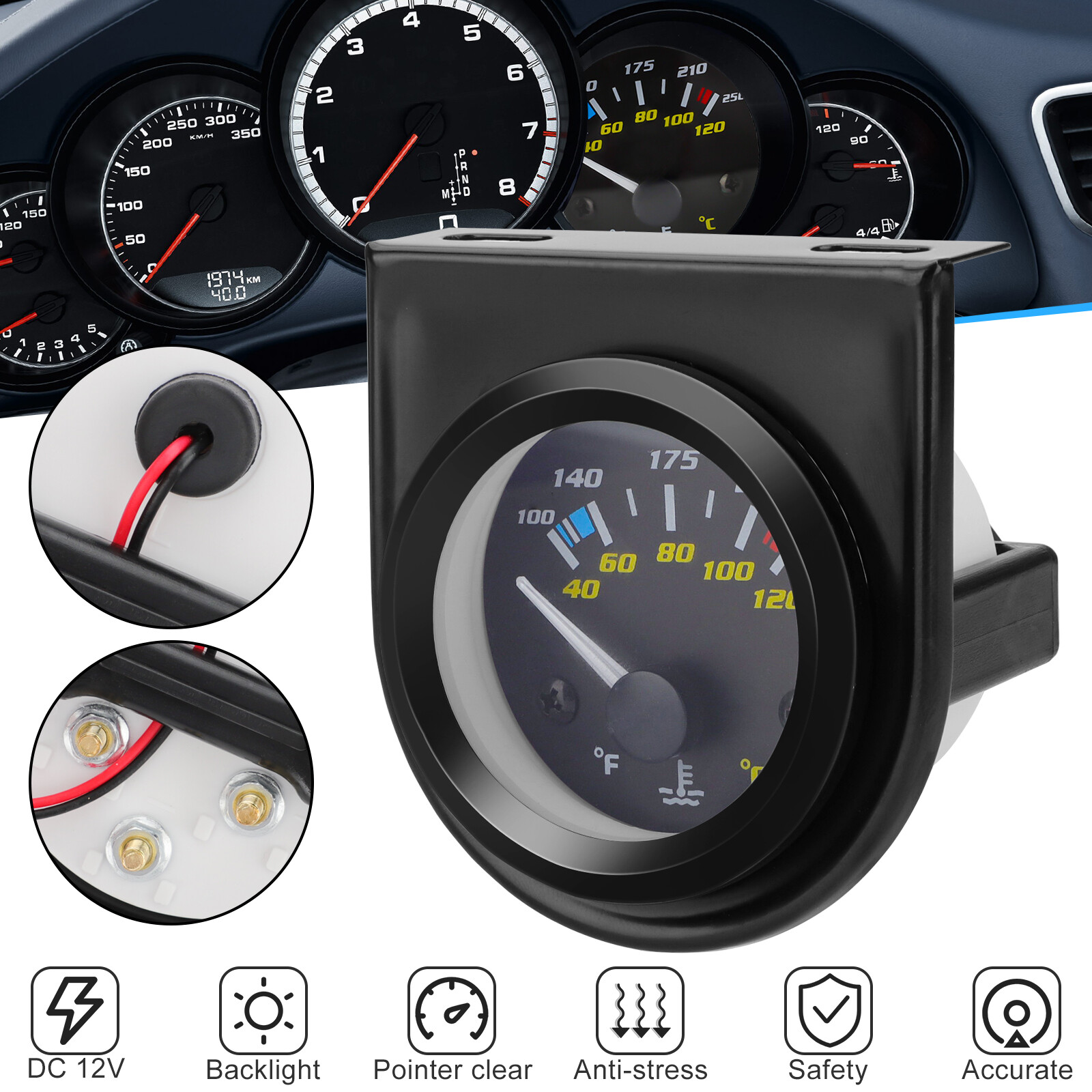 2" 52mm Pointer Car Water Temp Temperature Gauge 100-250℉ W/ Sensor Rack Black