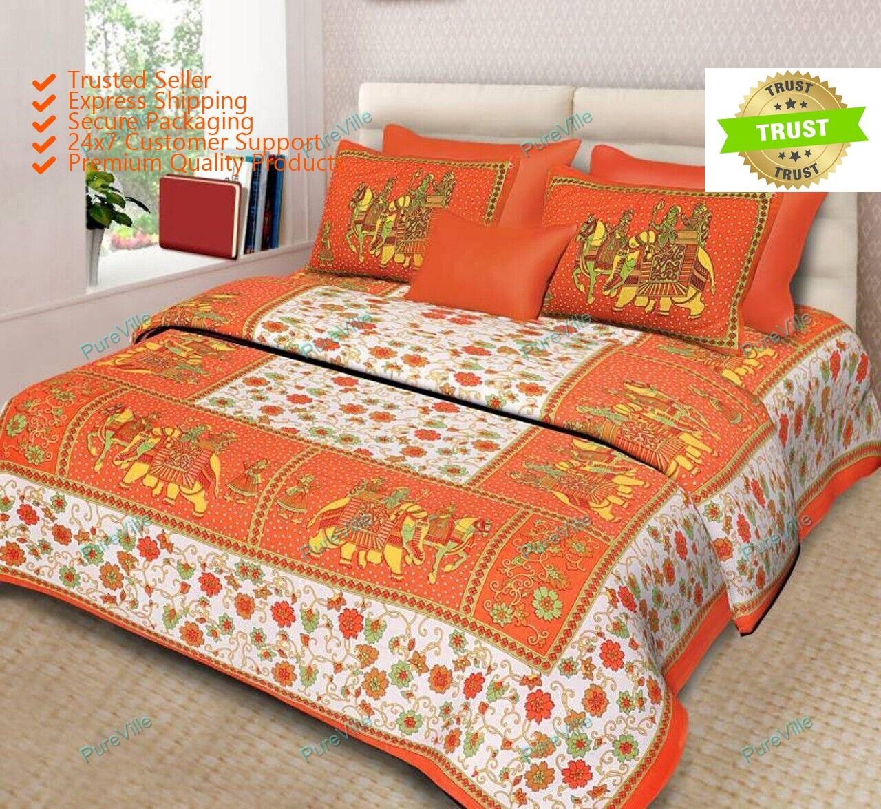 Jaipuri Floral Printed Cotton Double Bed Sheet With 2 Pillow Cover 90x100