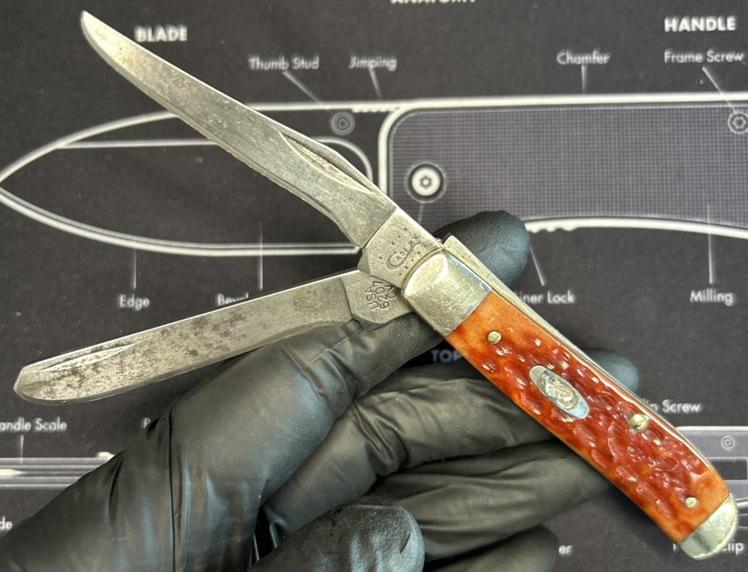 CASE XX MINI TRAPPER KNIFE 6207 RED BONE SCALES CV Blades are well used See Pics