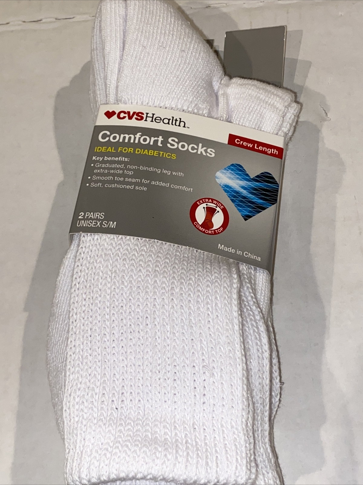 Comfort Socks 2 Pairs- White - Diabetic- Unisex S/M ~ CVS Health Crew Length