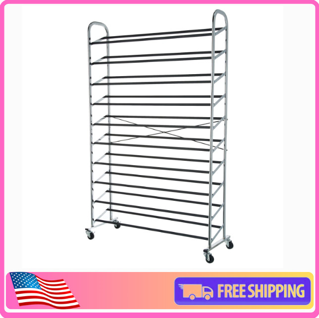 50-Pair Shoe Rack Organizer, Chrome, 35.8 x 14.6 x 59.5 inches